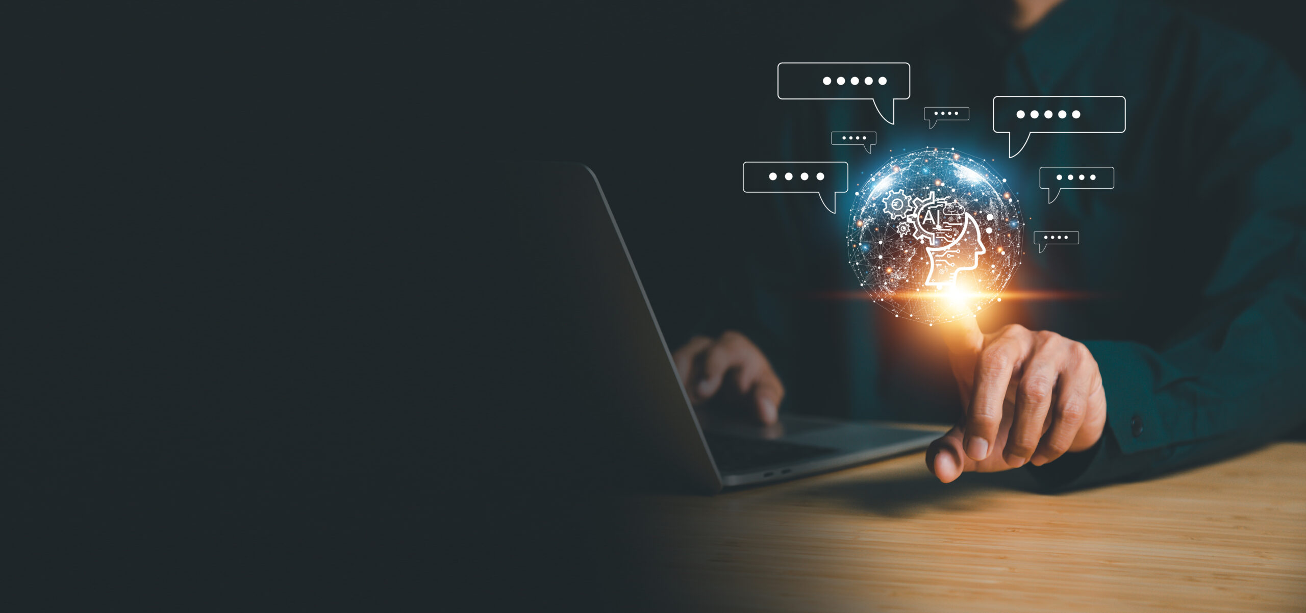Chatbot chat AI concept, artificial intelligence Businessman usi Chatbot chat AI concept, artificial intelligence Businessman using AI smart robot technology inputting commands to analyze data and build something. future technology changes.